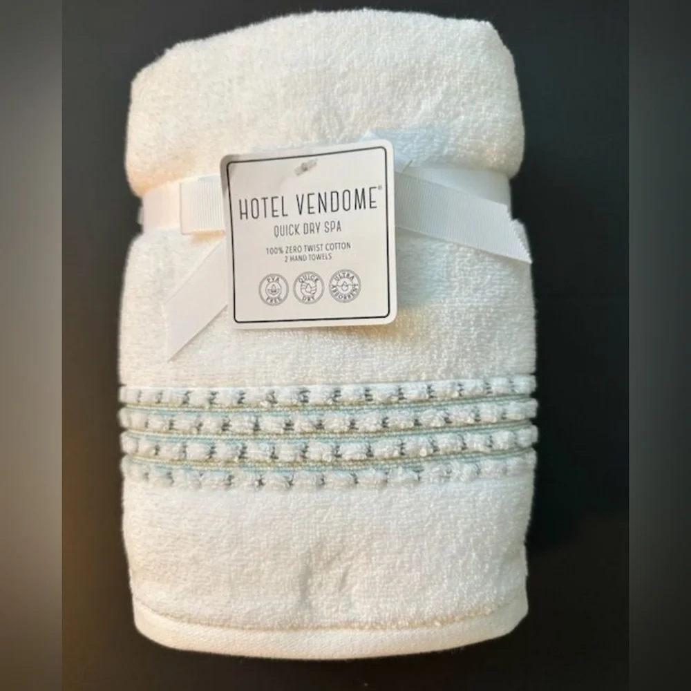 6pc HOTEL VENDOME Quick Dry Spa 100% Zero Twist Cotton Bath Towel Set -Wht/Green